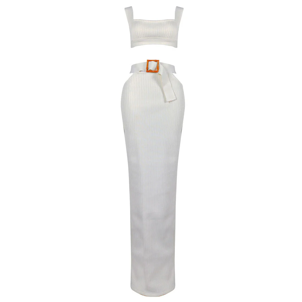 Sexy Rib Knit Crop Tank Top CutOut Belted High Waist Bandage Skirt Matching Set - Image 4