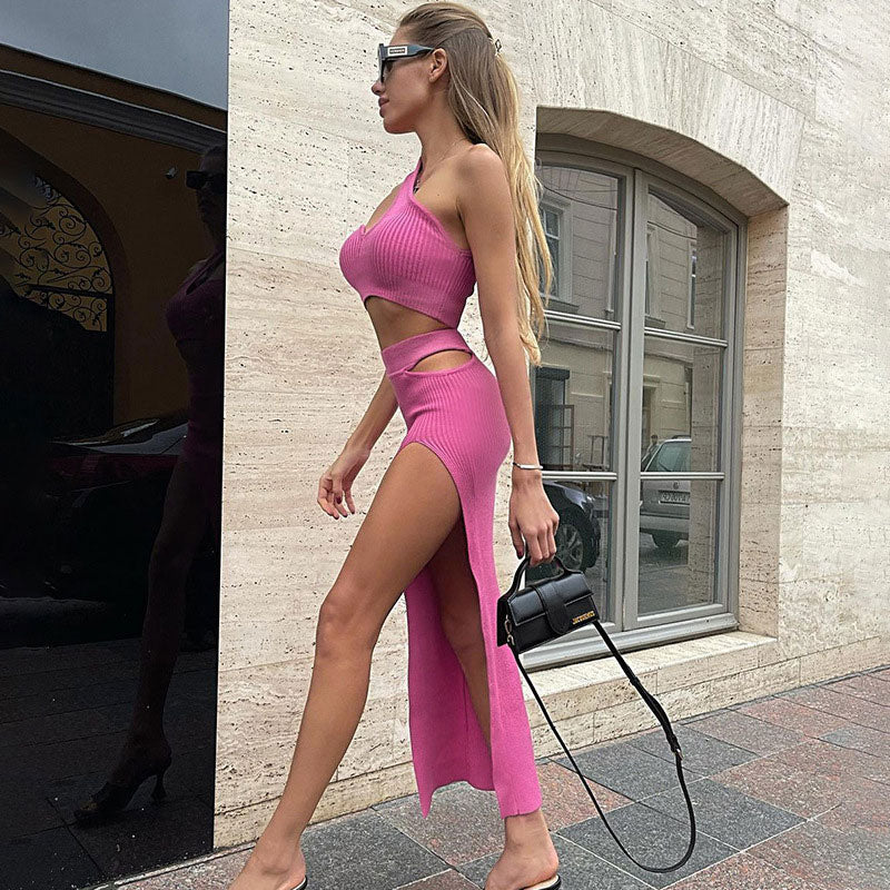 Ribbed One Shoulder Top High Waist Split Midi Skirt Matching Set - Pink - Image 2