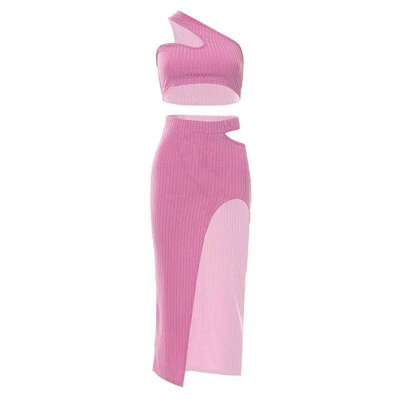 Ribbed One Shoulder Top High Waist Split Midi Skirt Matching Set - Pink - Image 3