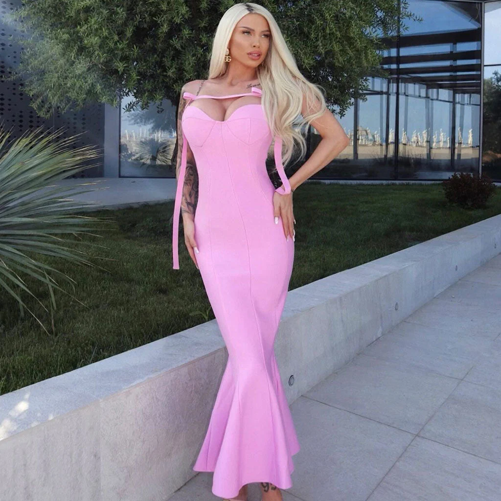 Sexy Ribbon Chain Strap Sweetheart CutOut Bandage Midi Party Mermaid Dress - Image 3