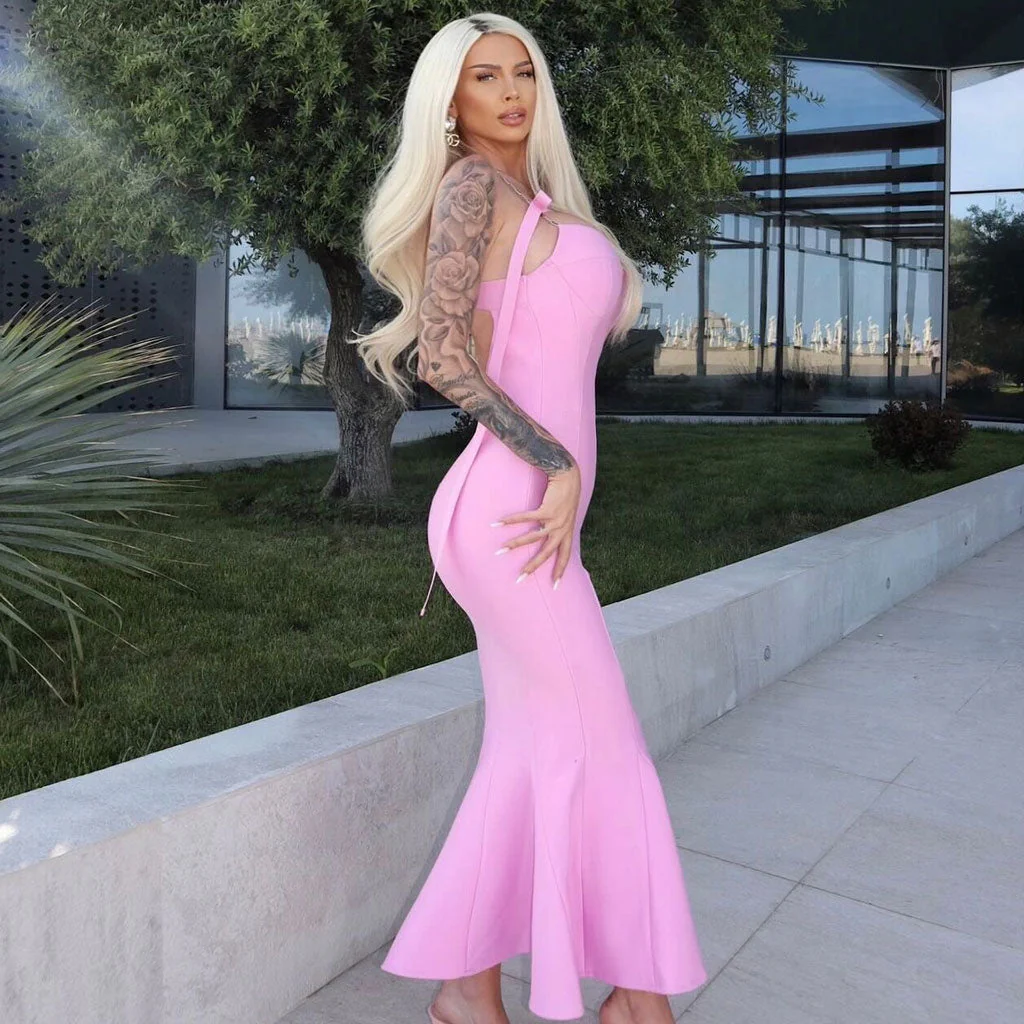 Sexy Ribbon Chain Strap Sweetheart CutOut Bandage Midi Party Mermaid Dress - Image 4
