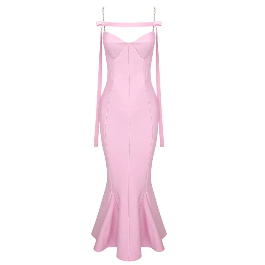 Sexy Ribbon Chain Strap Sweetheart CutOut Bandage Midi Party Mermaid Dress - Image 5