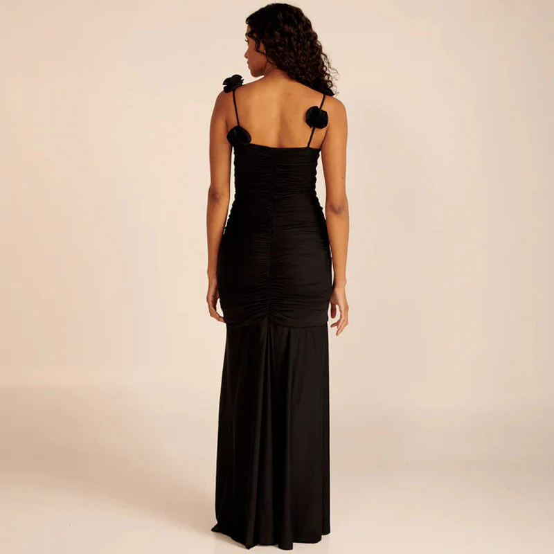 Sexy Rosette Applique Deep V Neck Ruched Split Sleeveless Maxi Evening Dress - Image 2