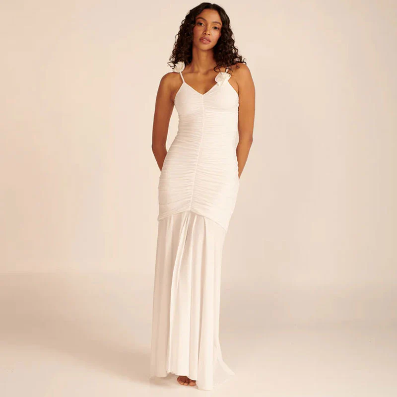 Sexy Rosette Applique Deep V Neck Ruched Split Sleeveless Maxi Evening Dress - Image 3