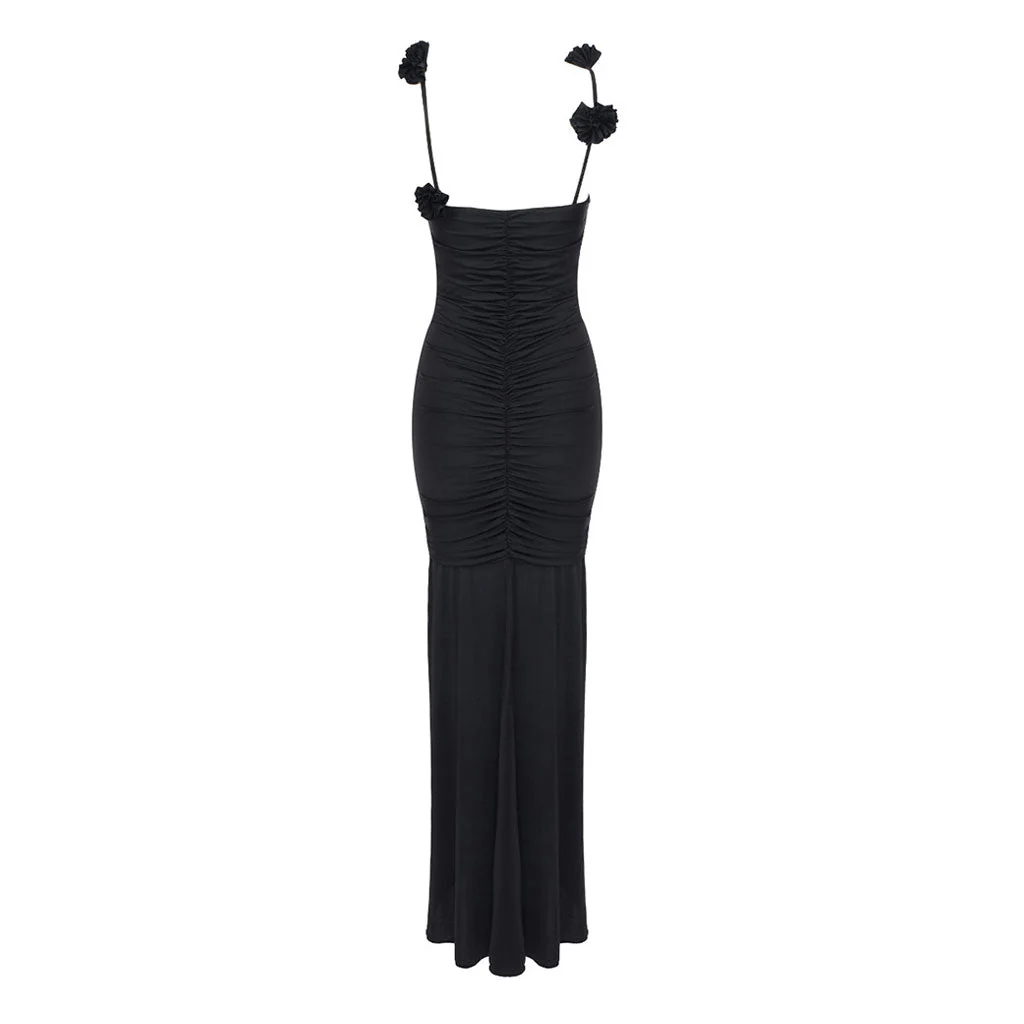 Sexy Rosette Applique Deep V Neck Ruched Split Sleeveless Maxi Evening Dress - Image 5