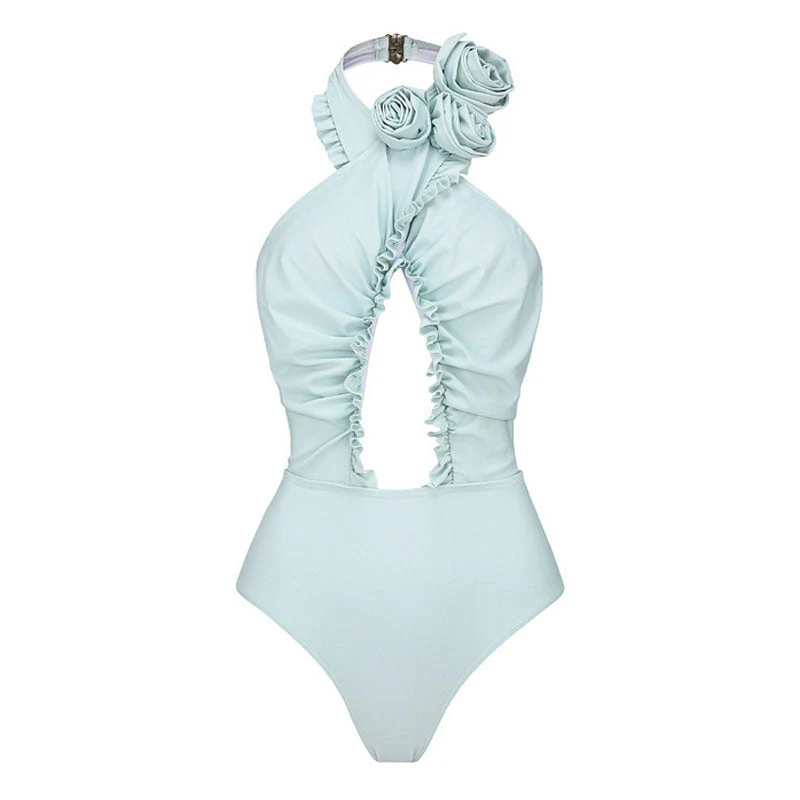 Sexy Rosette Applique Halter Neck Ruffle CutOut Low Back One Piece Swimsuit - Image 2