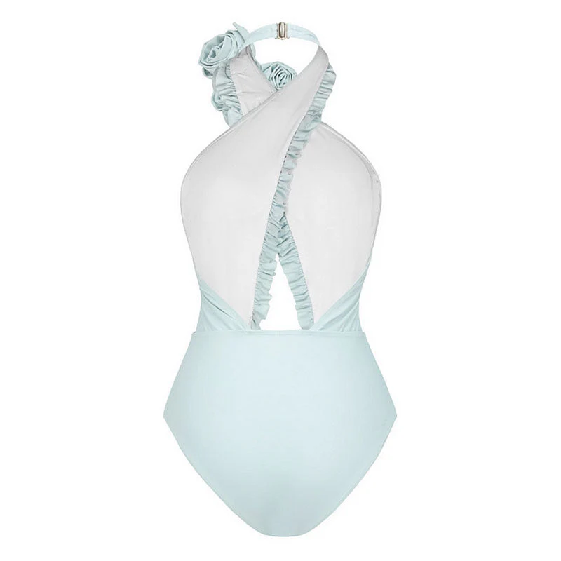 Sexy Rosette Applique Halter Neck Ruffle CutOut Low Back One Piece Swimsuit - Image 3