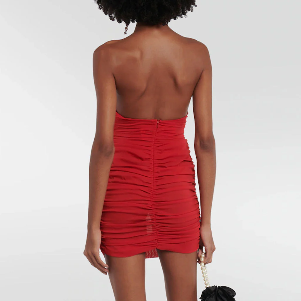 Sexy Rosette Applique Halter Plunge Neck Ruched Bodycon Mesh Mini Party Dress - Image 2