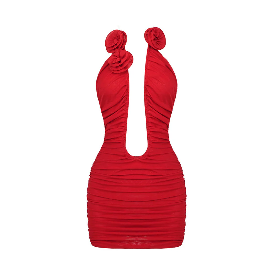 Sexy Rosette Applique Halter Plunge Neck Ruched Bodycon Mesh Mini Party Dress - Image 3