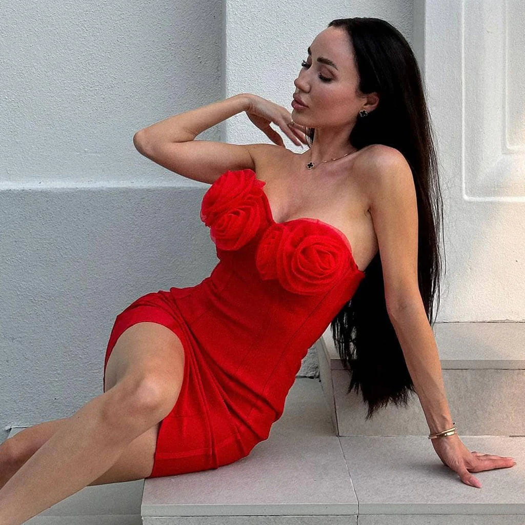 Sexy Rosette Detail Sweetheart Neck Bodycon Bandage Mini Tube Dress - Image 3