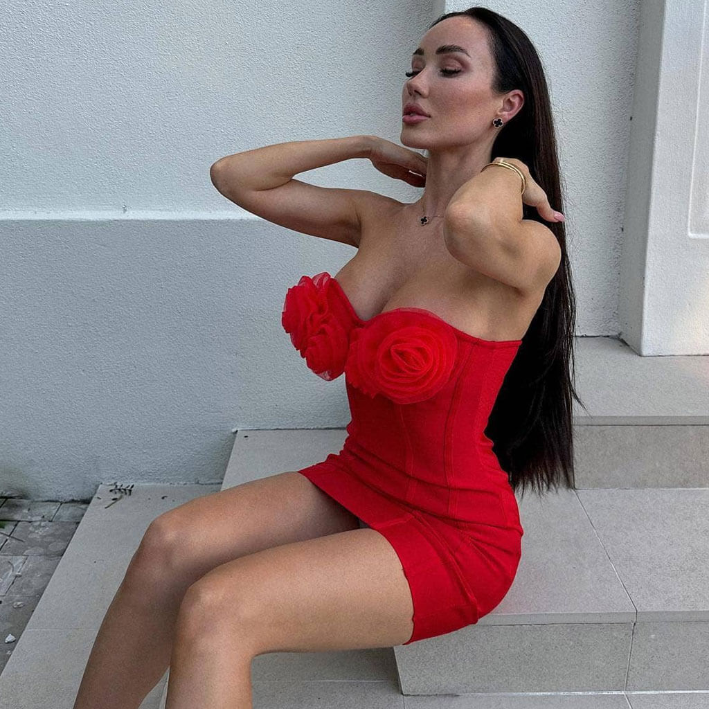 Sexy Rosette Detail Sweetheart Neck Bodycon Bandage Mini Tube Dress - Image 4