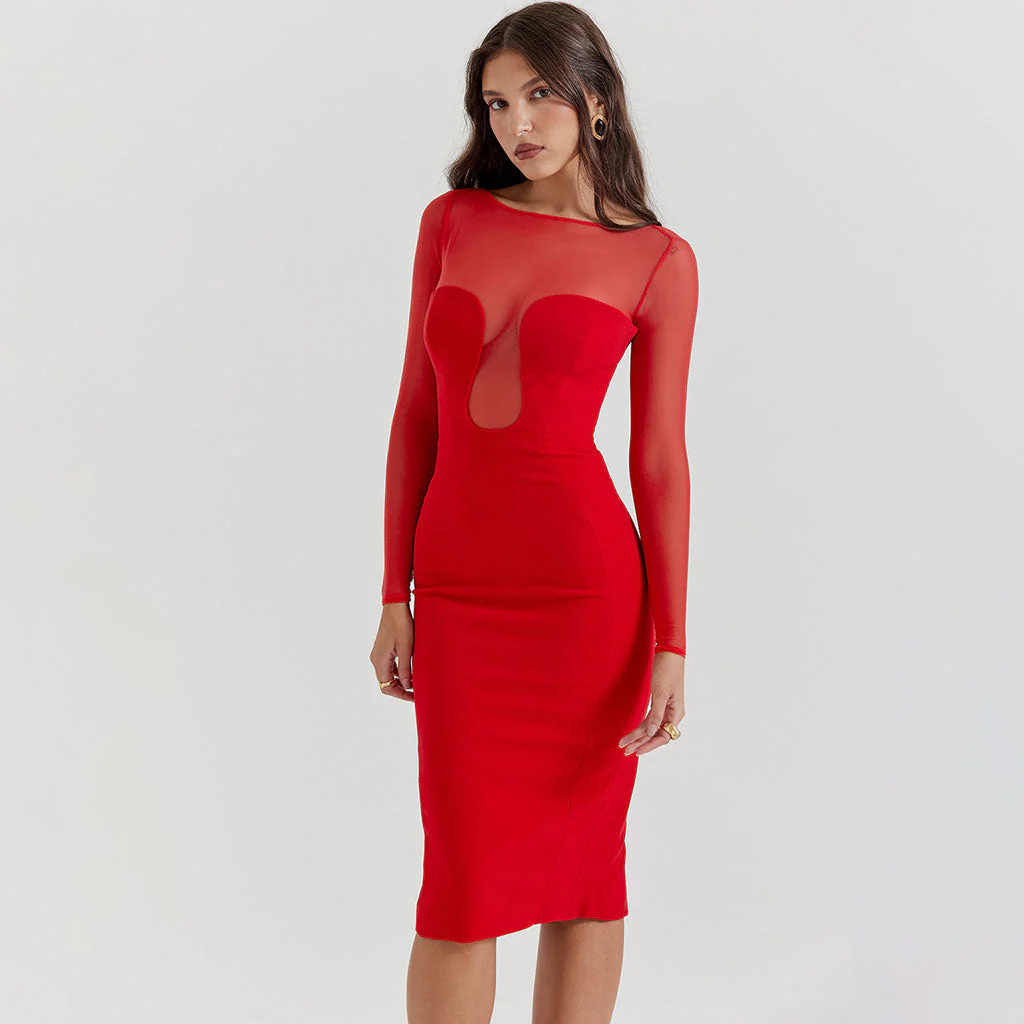 Sexy Round Neck Mesh Panel Sheer Long Sleeve Black Split Party Bodycon Mini Dress - Image 3