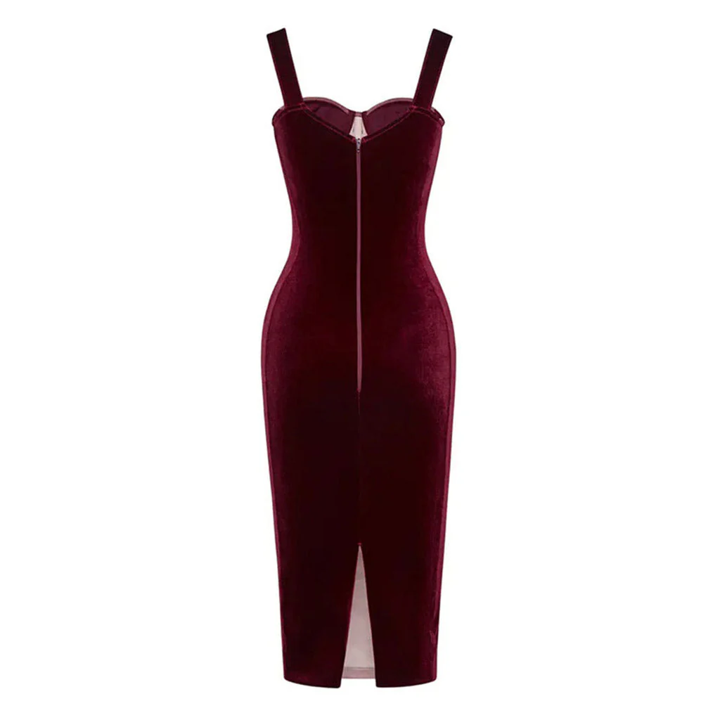 Sexy Ruched Mesh Panel Sweetheart Suspender Strap Corset Midi Velvet Dress - Image 2