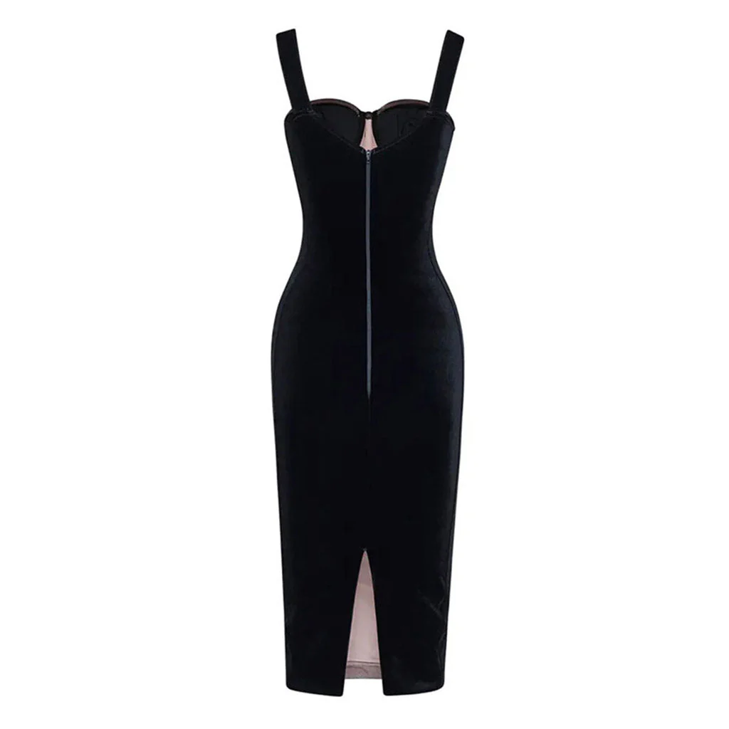 Sexy Ruched Mesh Panel Sweetheart Suspender Strap Corset Midi Velvet Dress - Image 4