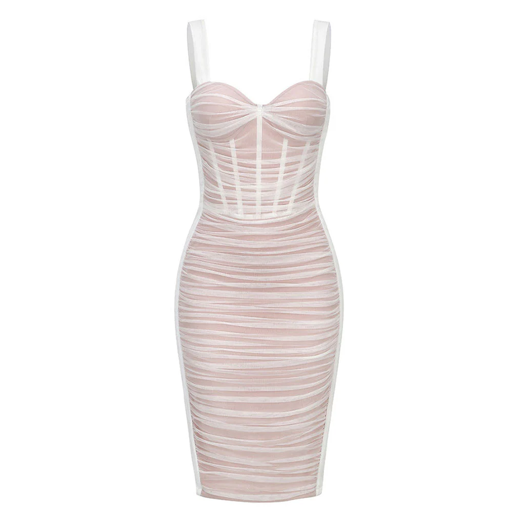 Sexy Ruched Mesh Panel Sweetheart Suspender Strap Corset Midi Velvet Dress - Image 5