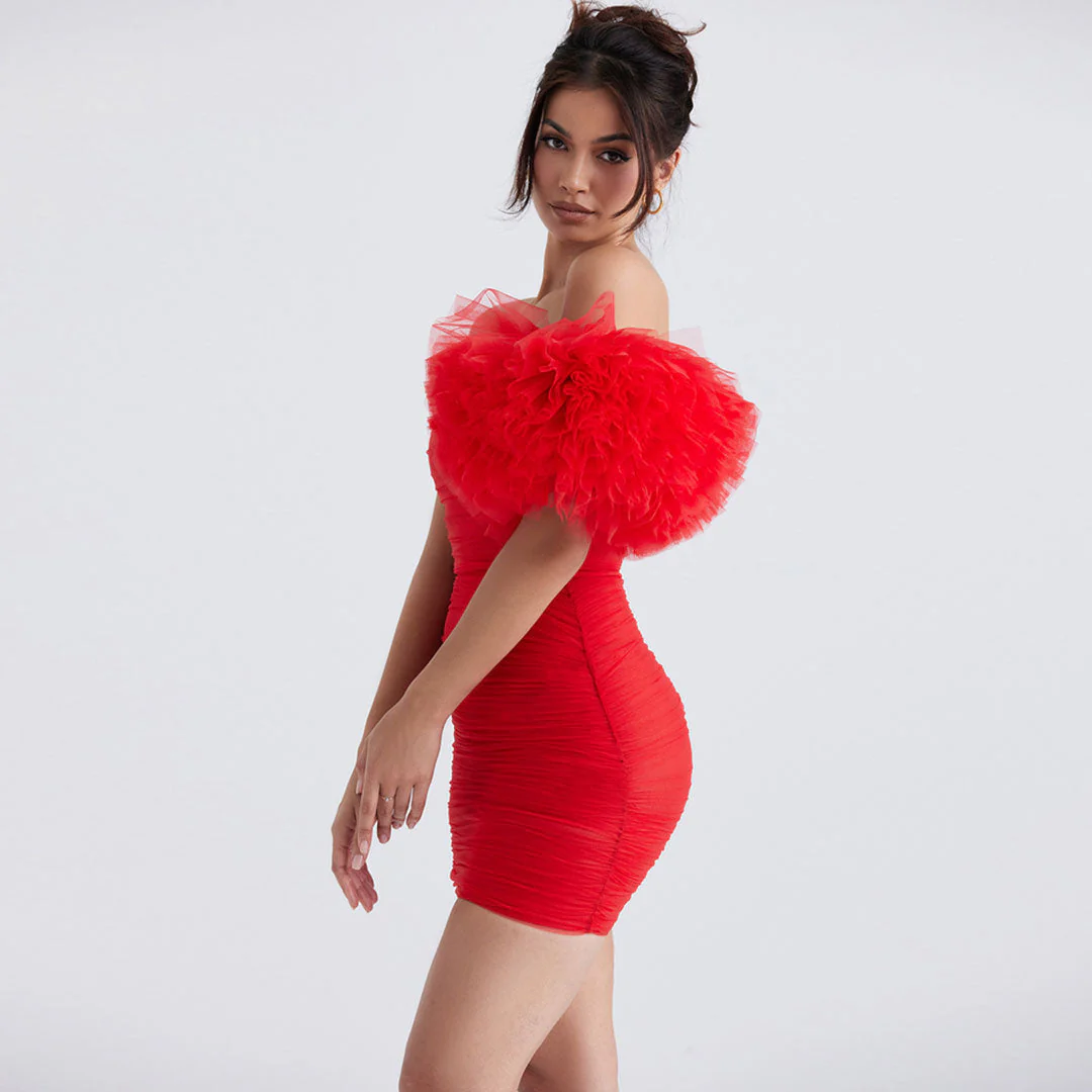 Ruched Mesh Puff Sleeve Off Shoulder Bodycon Party Mini Dress - Red - Image 2