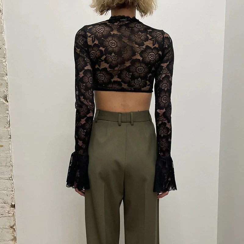 Ruched Mock Neck Flared Sleeve Flower Sheer Lace Crop Top - Black - Image 2