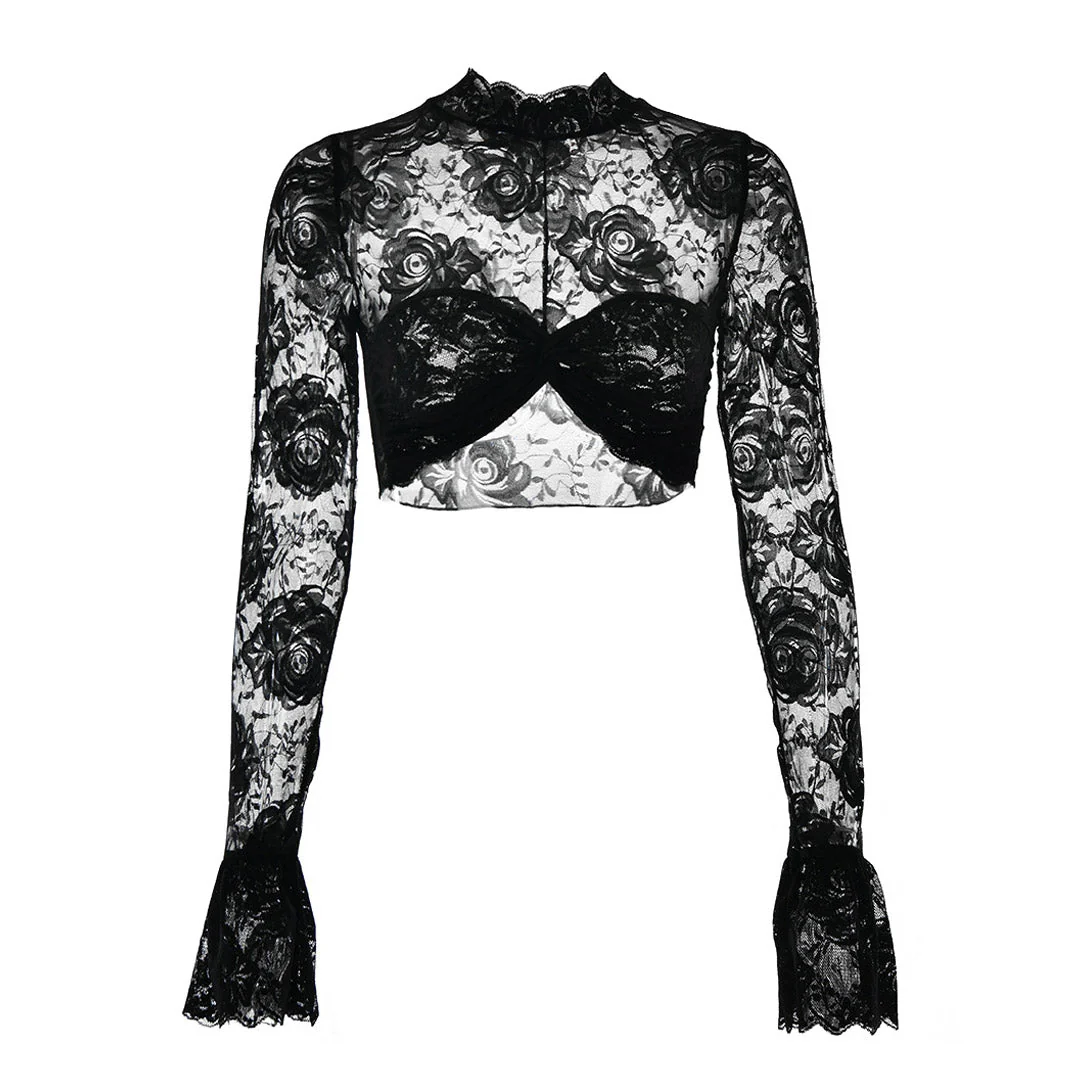 Ruched Mock Neck Flared Sleeve Flower Sheer Lace Crop Top - Black - Image 3