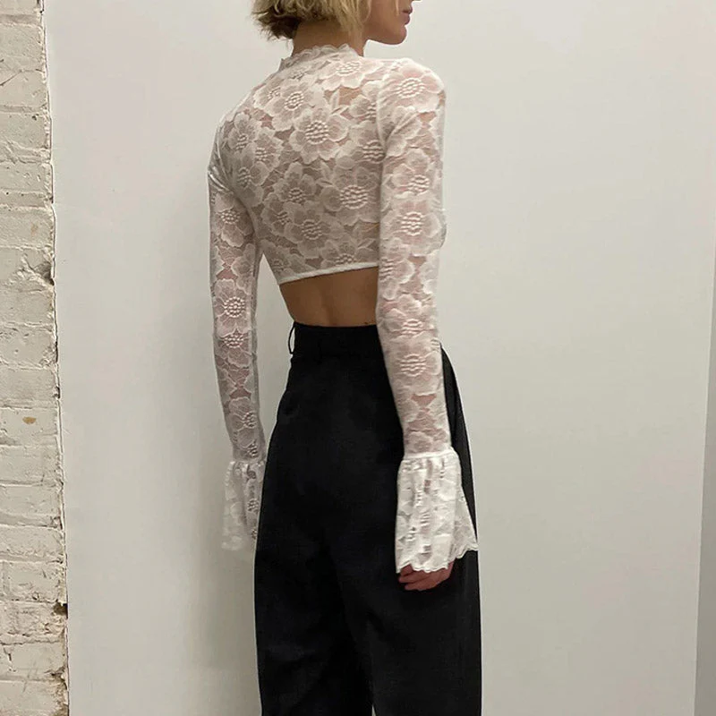 Ruched Mock Neck Flared Sleeve Flower Sheer Lace Crop Top - White - Image 3
