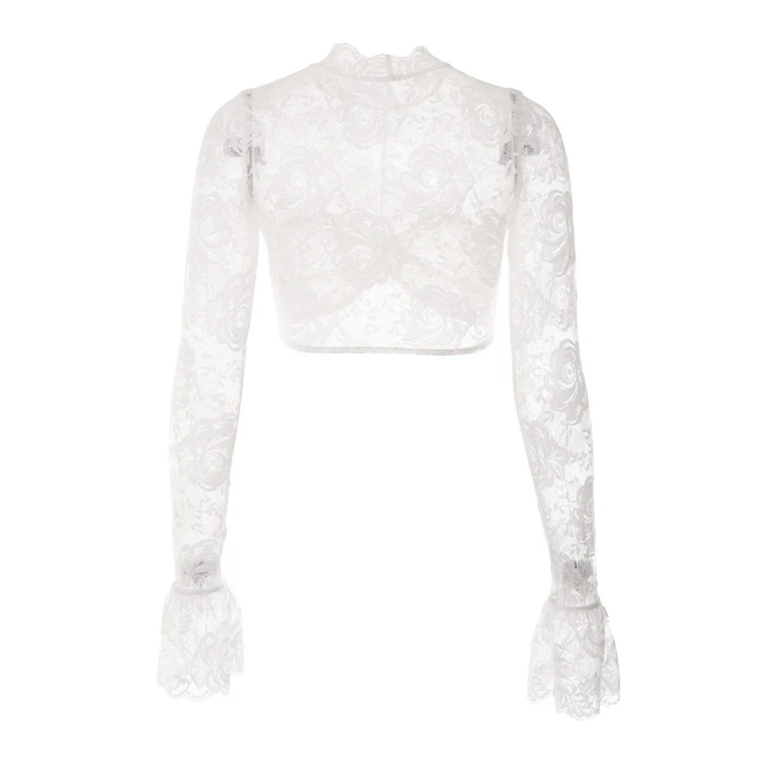 Ruched Mock Neck Flared Sleeve Flower Sheer Lace Crop Top - White - Image 4