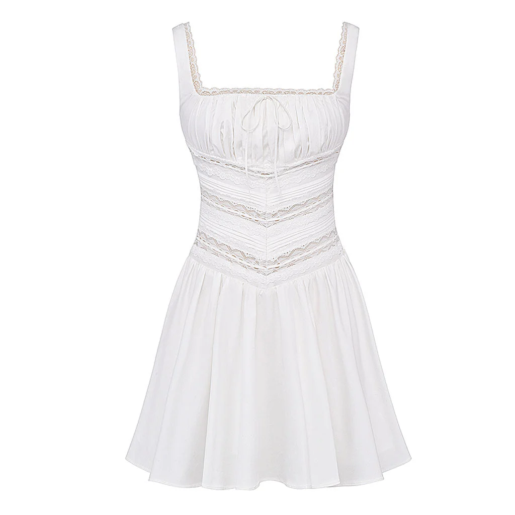 Sexy Ruched Tie Front Square Neck Suspender Strap Lace Trim Mini SunDress - Image 2
