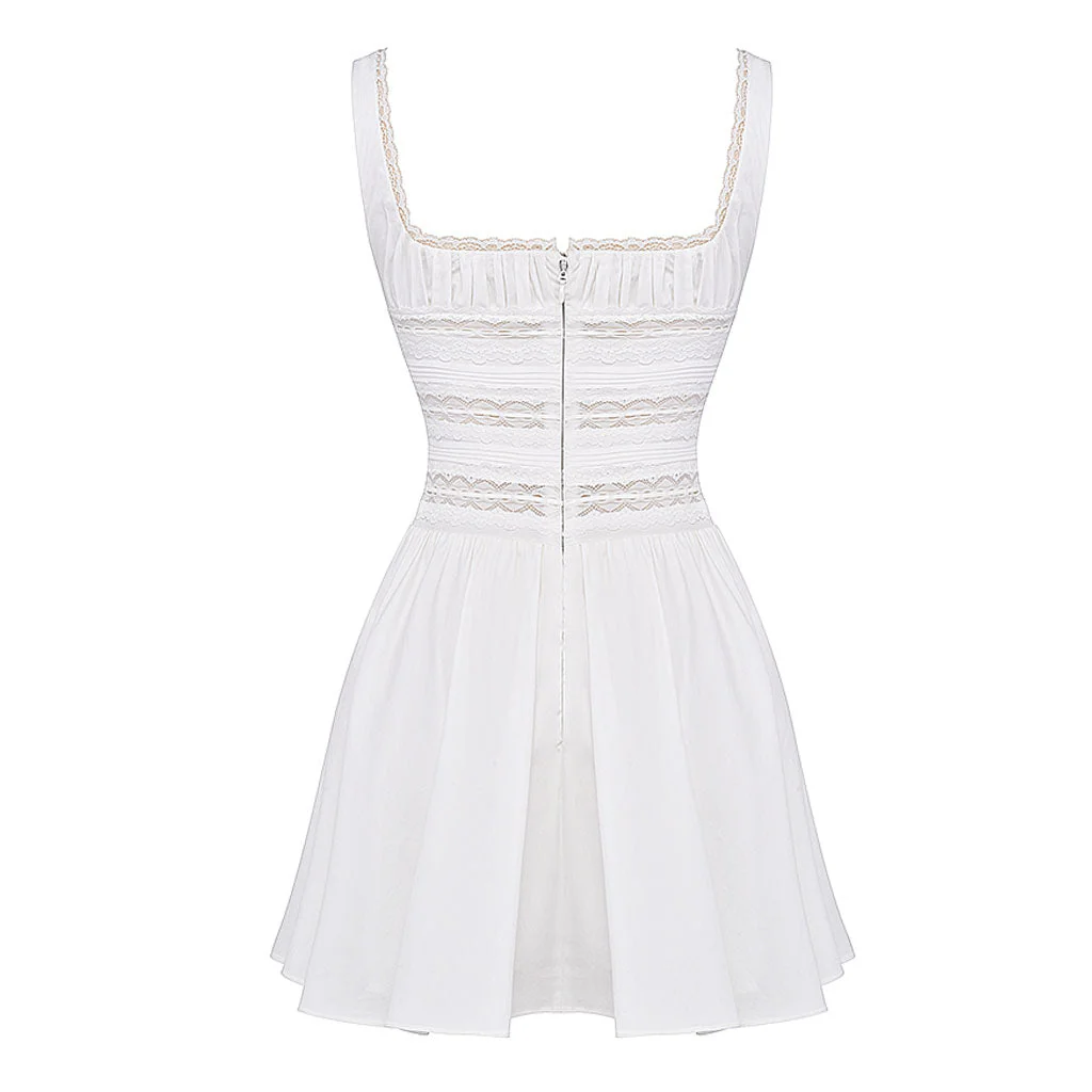 Sexy Ruched Tie Front Square Neck Suspender Strap Lace Trim Mini SunDress - Image 4
