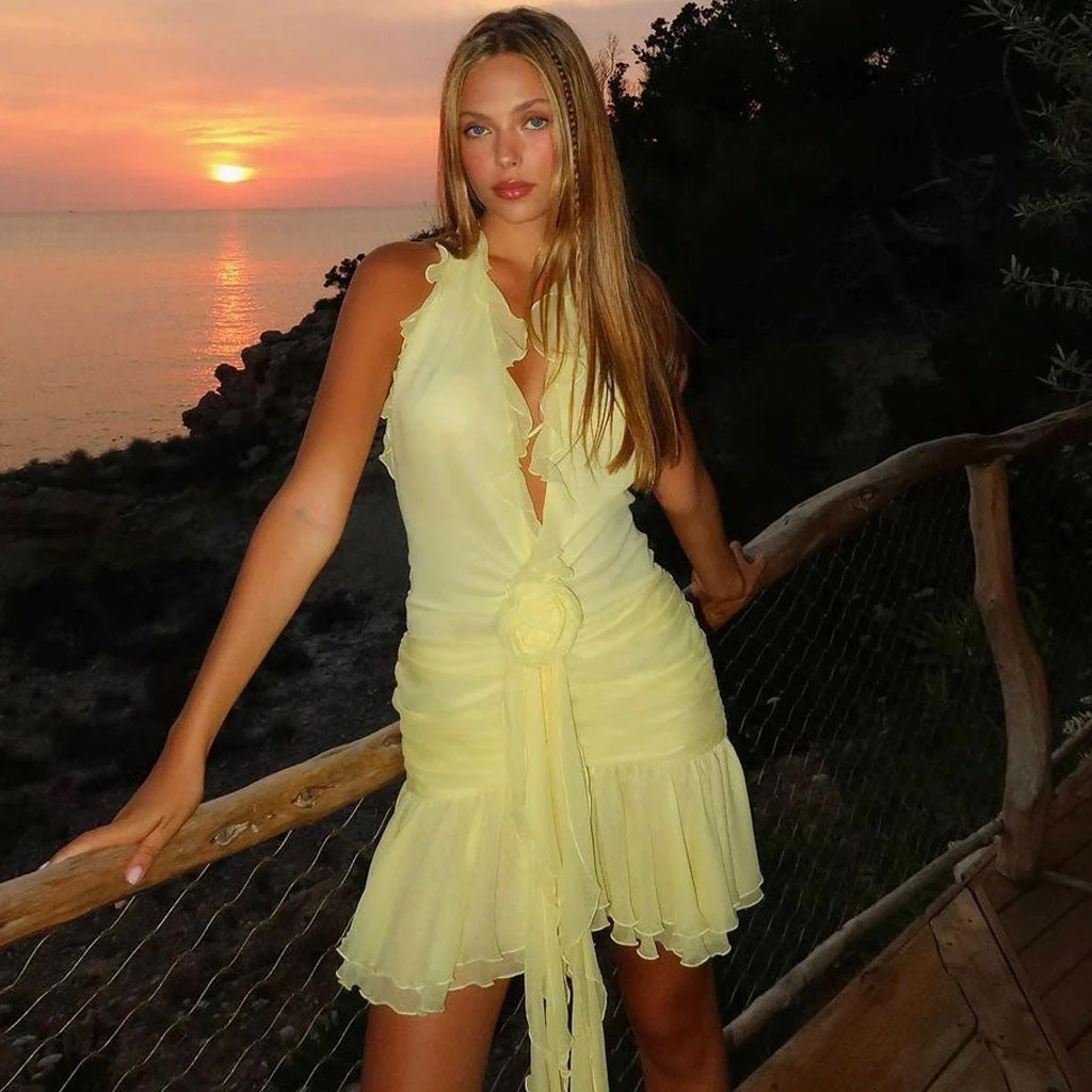 Sexy Ruffle Plunge Halter Neck Draped Rosette Applique Ruched Backless Mini Party Dress - Image 2