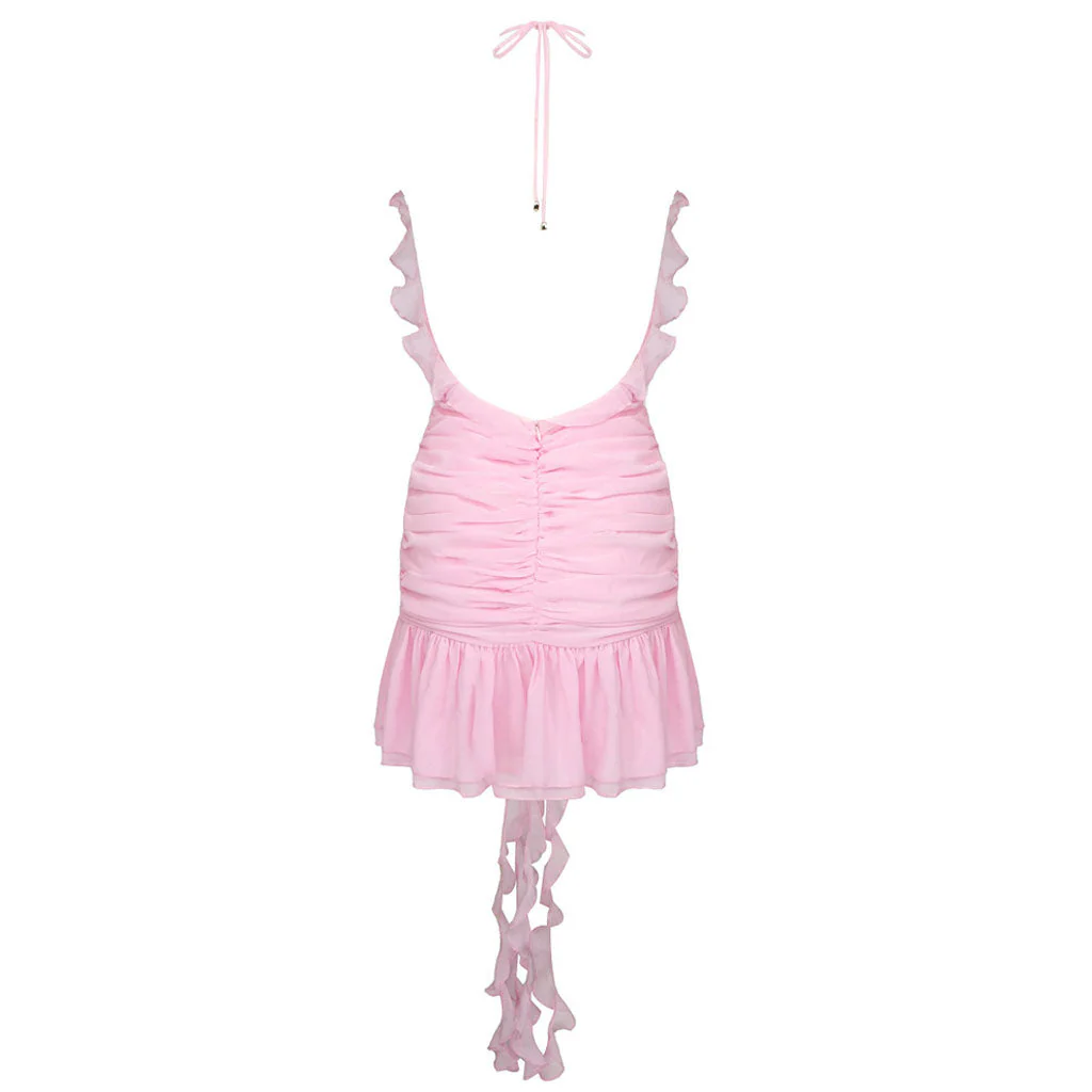 Sexy Ruffle Plunge Halter Neck Draped Rosette Applique Ruched Backless Mini Party Dress - Image 5