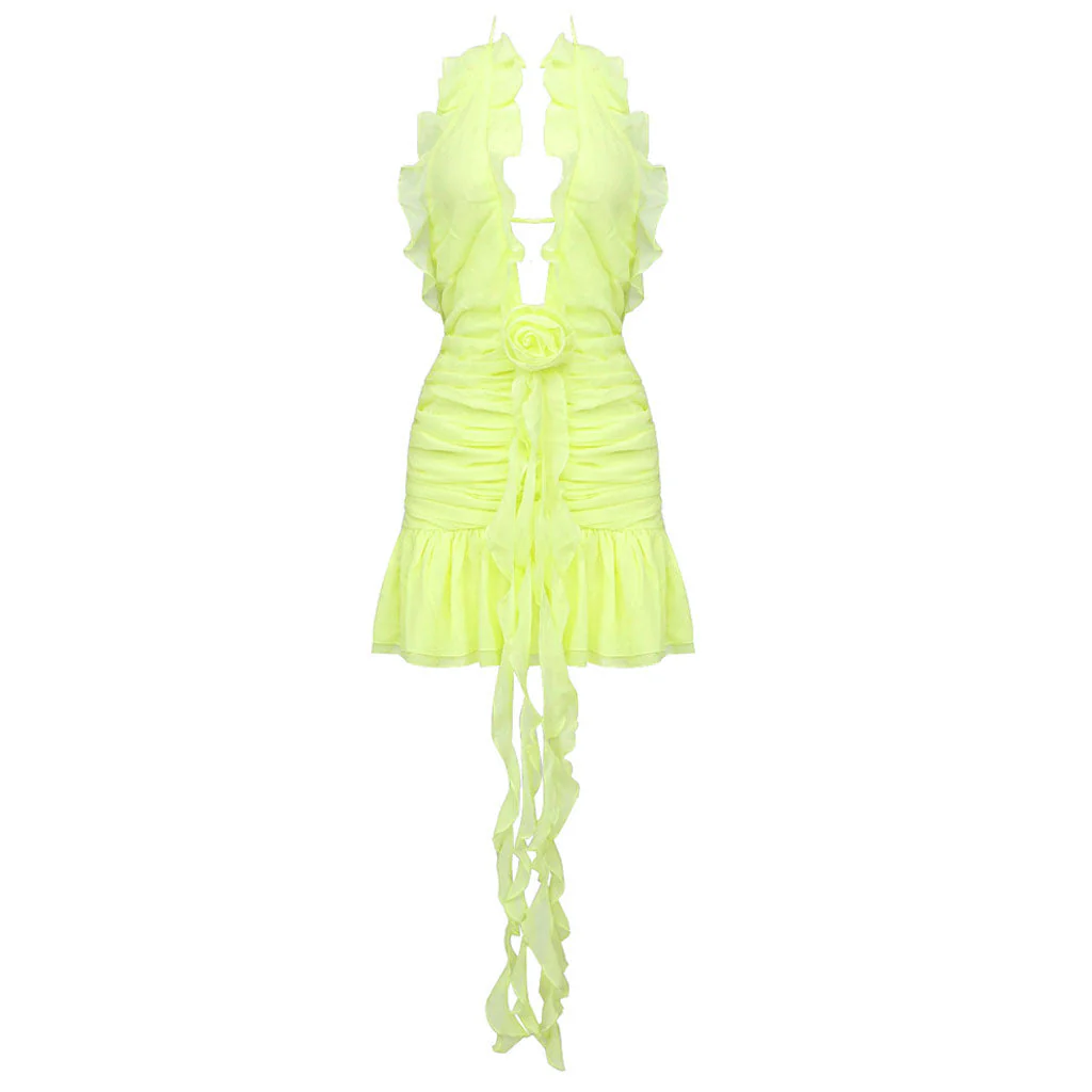 Sexy Ruffle Plunge Halter Neck Draped Rosette Applique Ruched Backless Mini Party Dress - Image 6