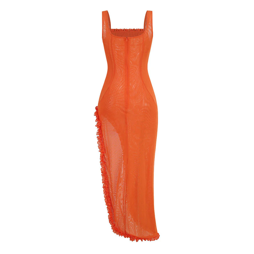Sexy Ruffle Trim Square Neck Sleeveless Thigh Split Sheer Mesh Maxi Dress - Image 2