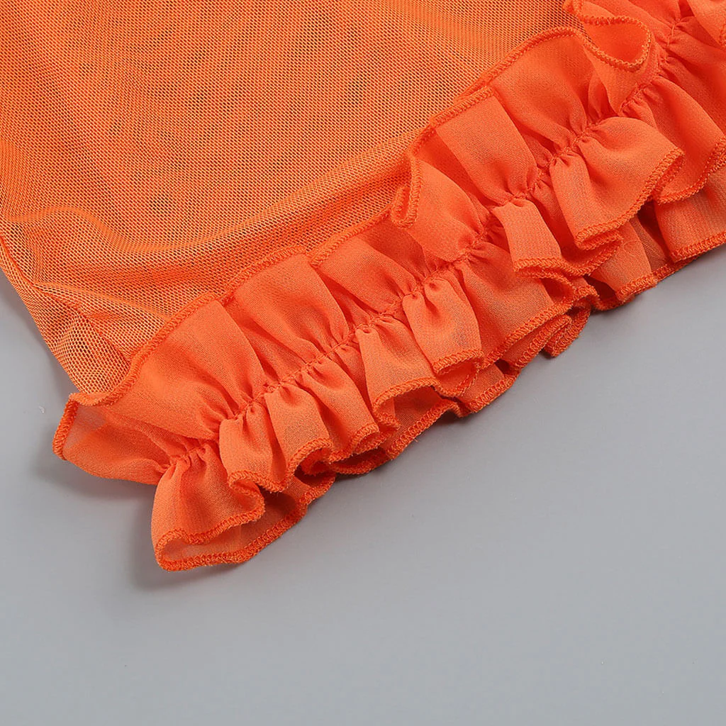 Sexy Ruffle Trim Square Neck Sleeveless Thigh Split Sheer Mesh Maxi Dress - Image 4