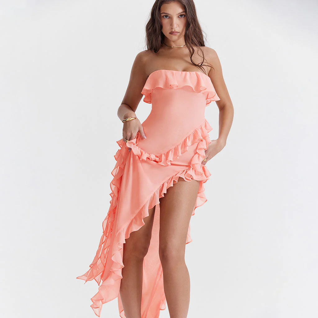 Sexy Ruffled Neck Draped Strap Side High Split Strapless Maxi Evening Dress - Image 3