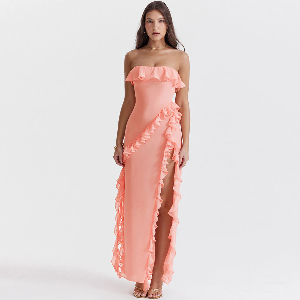 Sexy Ruffled Neck Draped Strap Side High Split Strapless Maxi Evening Dress - Image 5