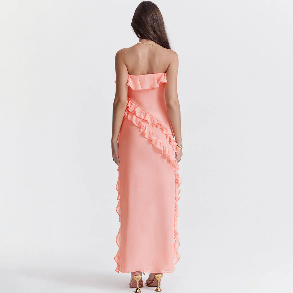 Sexy Ruffled Neck Draped Strap Side High Split Strapless Maxi Evening Dress - Image 7