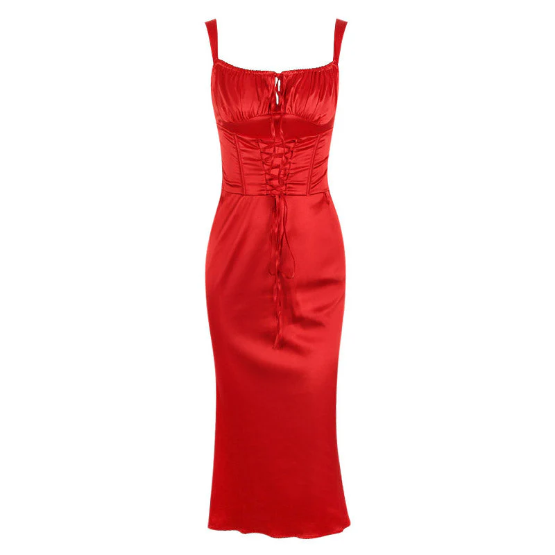 Satin Fishtail Ruched Lace Up Corset Party Midi Dress - Red - Image 4