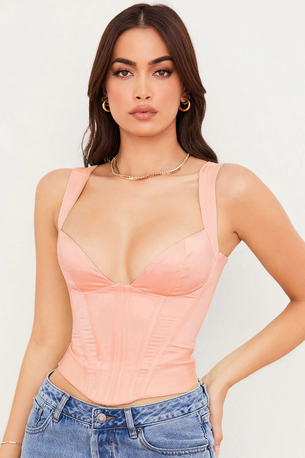 Satin Tie Strap Sweetheart Cropped Corset Tank Top - White - Image 3