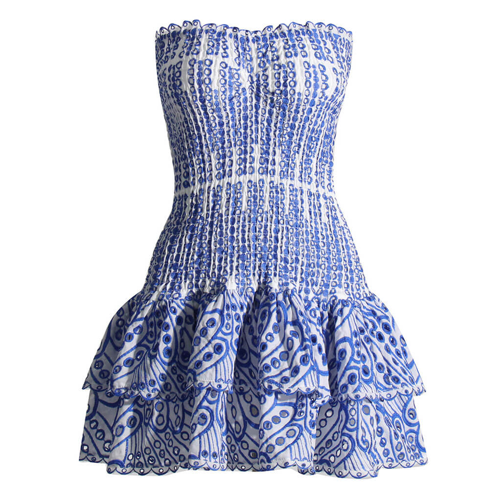 Sexy Scalloped Strapless Smocked Broderie Anglaise Tiered Ruffled Mini Dress - Image 2