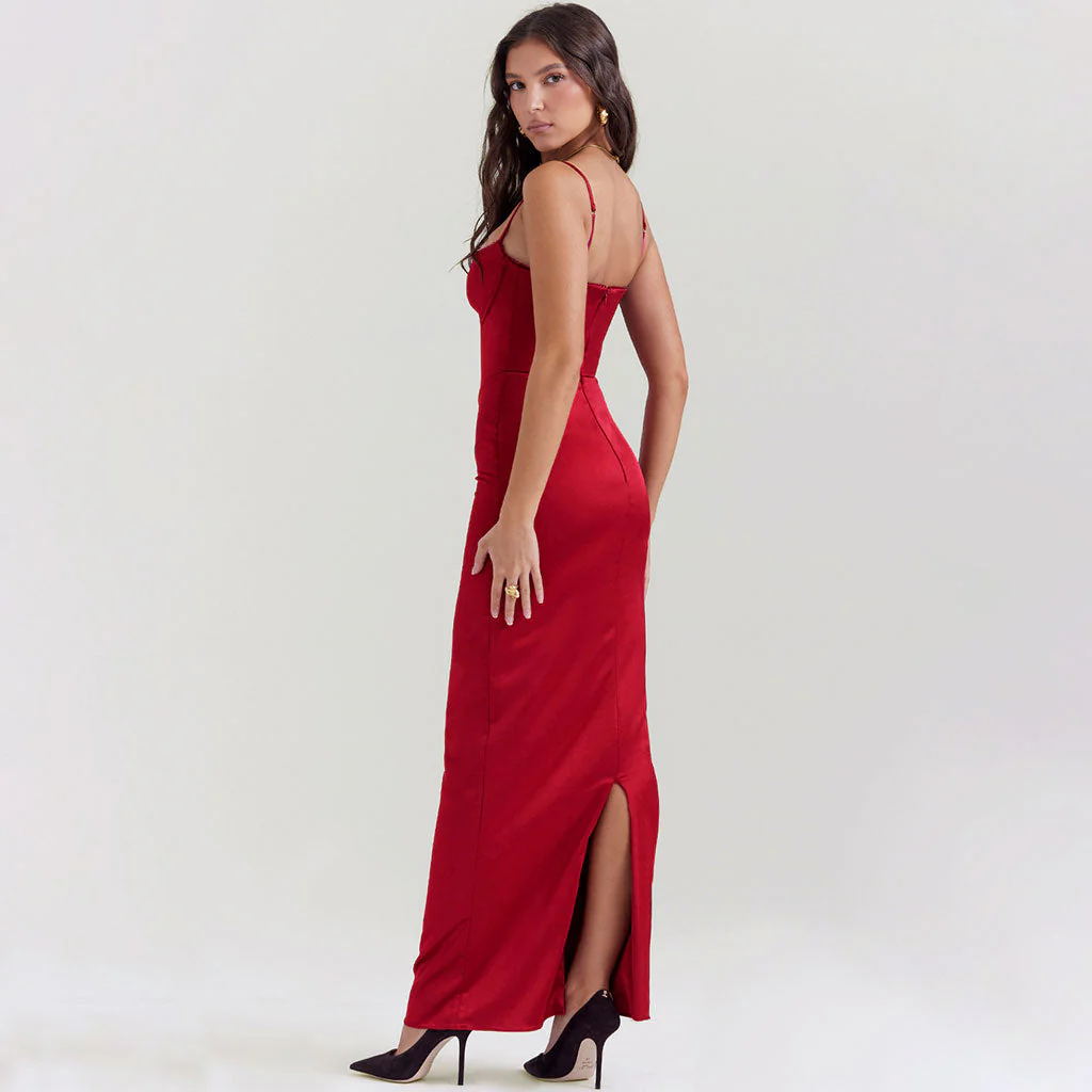 Sexy Scalloped Sweetheart Neck High Waist Sheen Satin Corset Sleeveless Maxi Dress - Image 4
