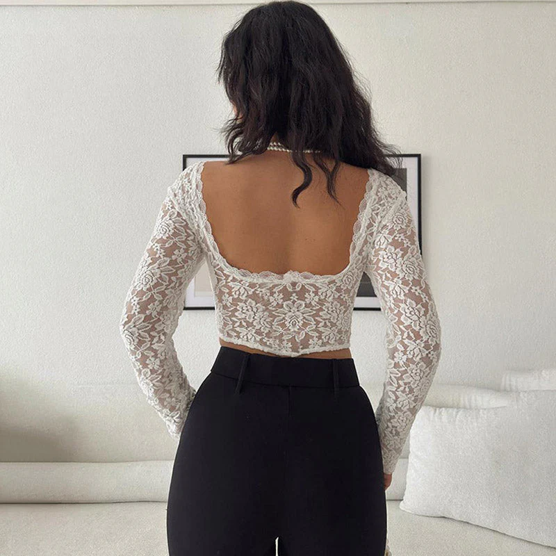 Scalloped V Neck Long Sleeve Cropped Sheer Floral Lace Top - White - Image 3