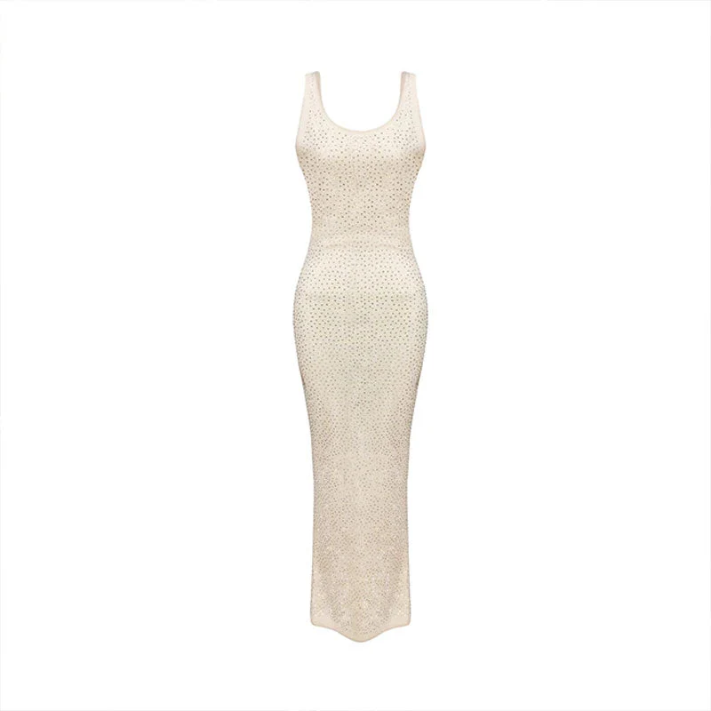 Sexy Sequin Embellished Sleeveless Backless Mesh Maxi Dress - Beige - Image 4