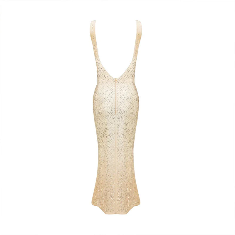 Sexy Sequin Embellished Sleeveless Backless Mesh Maxi Dress - Beige - Image 5
