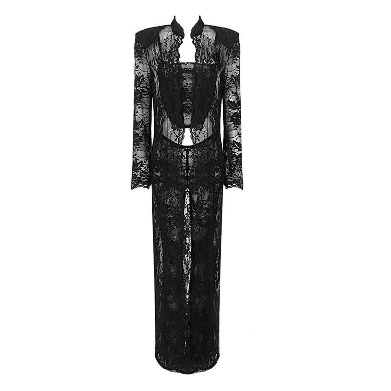 Sexy Sheer Lace Duster Jacket Sleeveless Corset High Waist Flare Pant Matching Set - Image 3