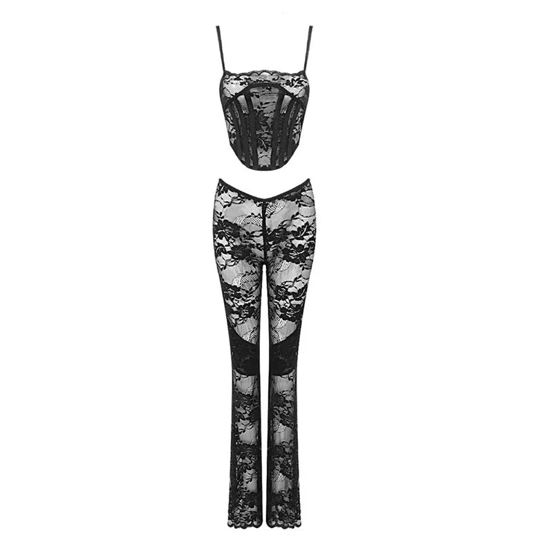 Sexy Sheer Lace Duster Jacket Sleeveless Corset High Waist Flare Pant Matching Set - Image 5