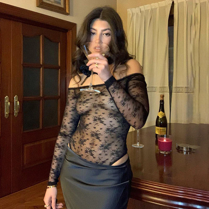 Sheer Lace Flower Long Sleeve Off Shoulder Bodysuit - Black - Image 2