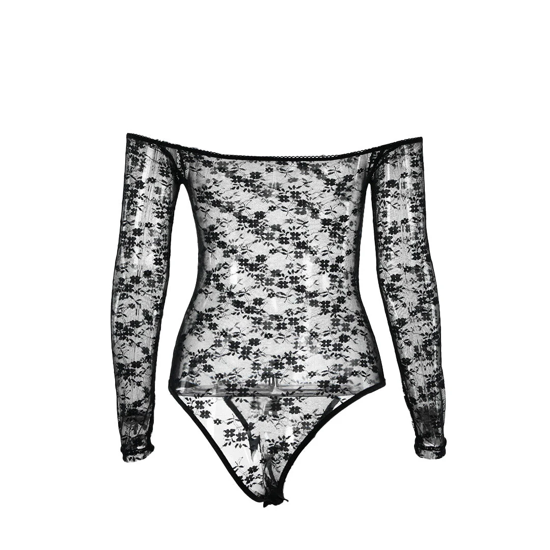 Sheer Lace Flower Long Sleeve Off Shoulder Bodysuit - Black - Image 4
