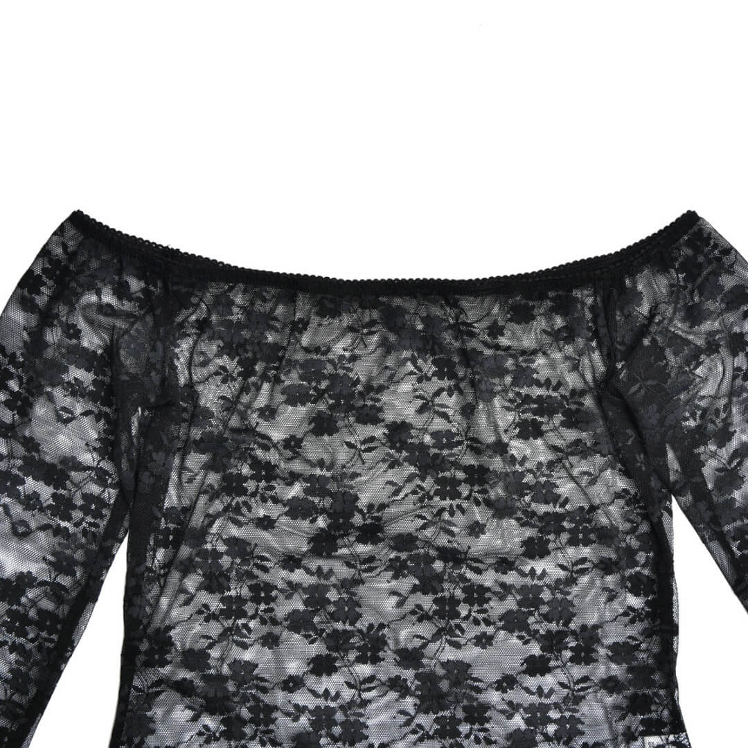 Sheer Lace Flower Long Sleeve Off Shoulder Bodysuit - Black - Image 5