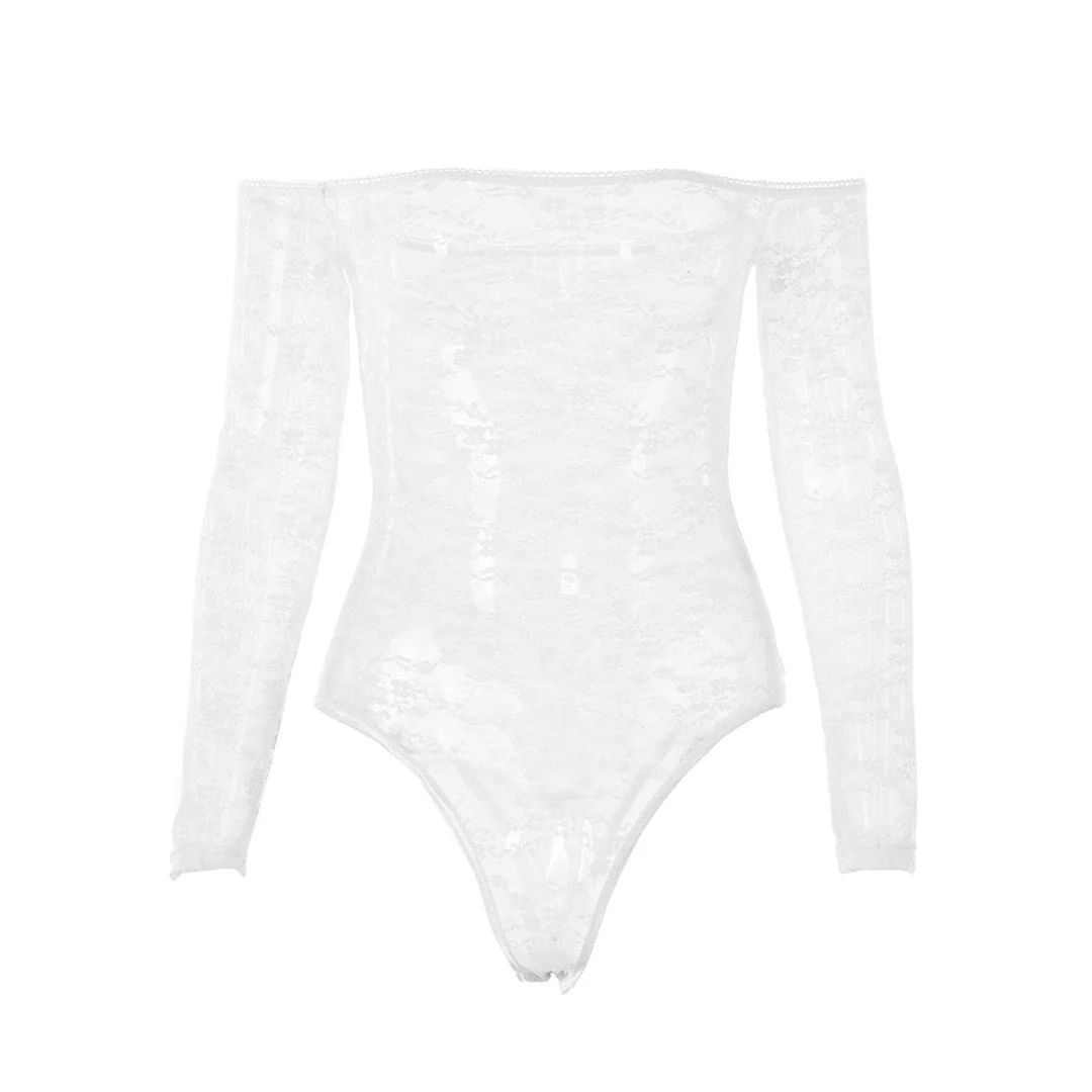 Sheer Lace Flower Long Sleeve Off Shoulder Bodysuit - White - Image 2