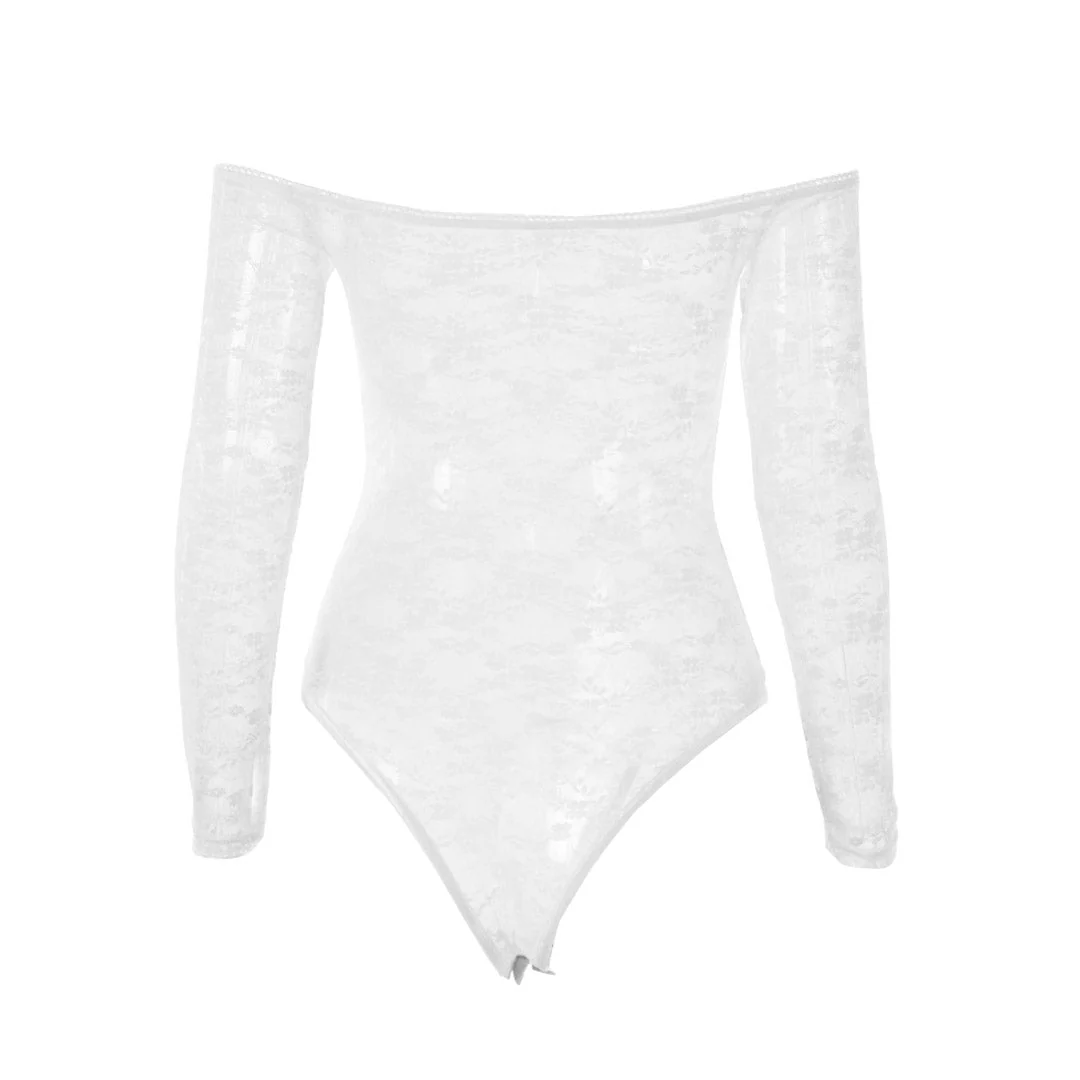 Sheer Lace Flower Long Sleeve Off Shoulder Bodysuit - White - Image 3