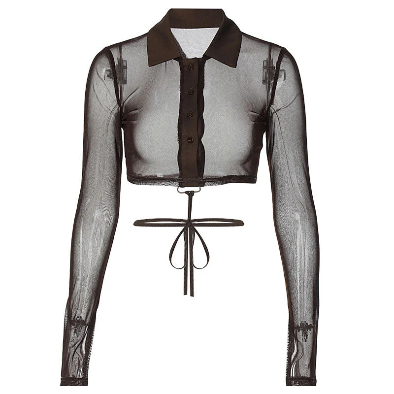 Sheer Mesh Button Up Pointed Collar Long Sleeve Crop Shirt- Brown - Image 2