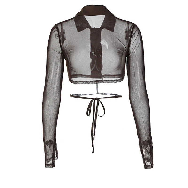 Sheer Mesh Button Up Pointed Collar Long Sleeve Crop Shirt- Brown - Image 3